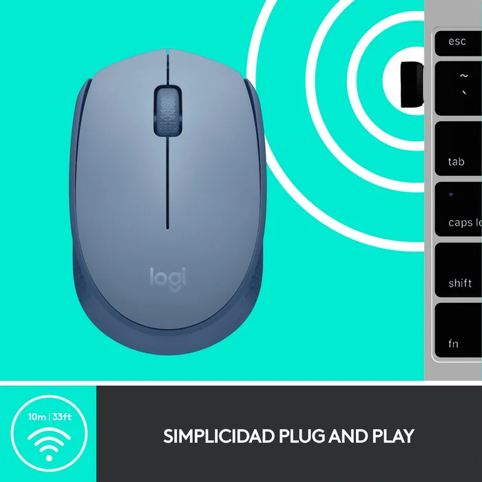 Logitech M171 Ratón Inalámbrico RF Óptico Ambidiestro para Oficina, 12 Meses Batería, Plug and Play, 10 m Alcance, Color Gris Azulado - 910-006866