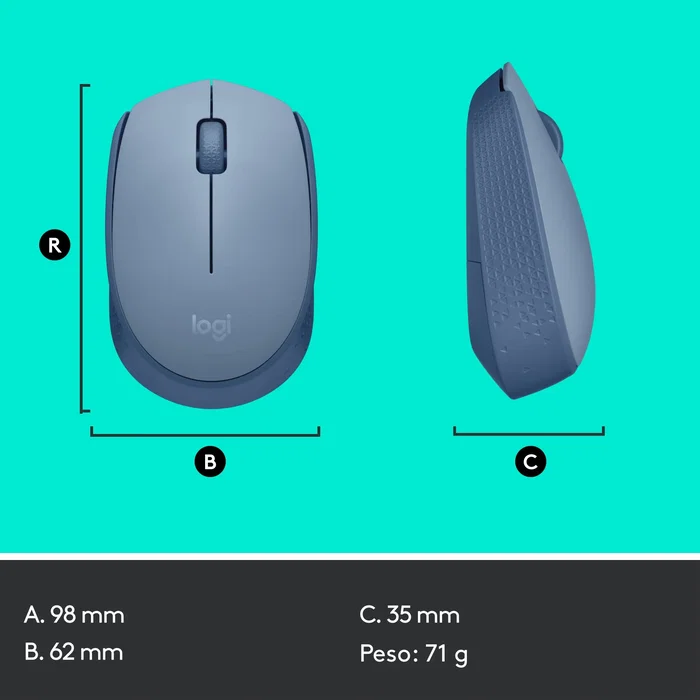 Logitech M171 Ratón Inalámbrico RF Óptico Ambidiestro para Oficina, 12 Meses Batería, Plug and Play, 10 m Alcance, Color Gris Azulado - 910-006866