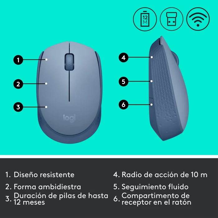 Logitech M171 Ratón Inalámbrico RF Óptico Ambidiestro para Oficina, 12 Meses Batería, Plug and Play, 10 m Alcance, Color Gris Azulado - 910-006866