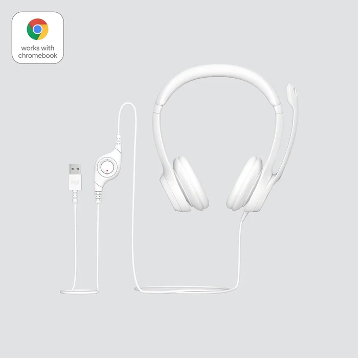 Logitech Auriculares H390 981-001286 USB con Micrófono con Cancelación de Ruido, Diadema Ajustable para Oficina, Llamadas, PC, Chromebook, Plug and Play, Cable 1.9m, Blanco