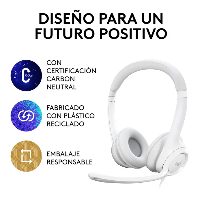 Logitech Auriculares H390 981-001286 USB con Micrófono con Cancelación de Ruido, Diadema Ajustable para Oficina, Llamadas, PC, Chromebook, Plug and Play, Cable 1.9m, Blanco