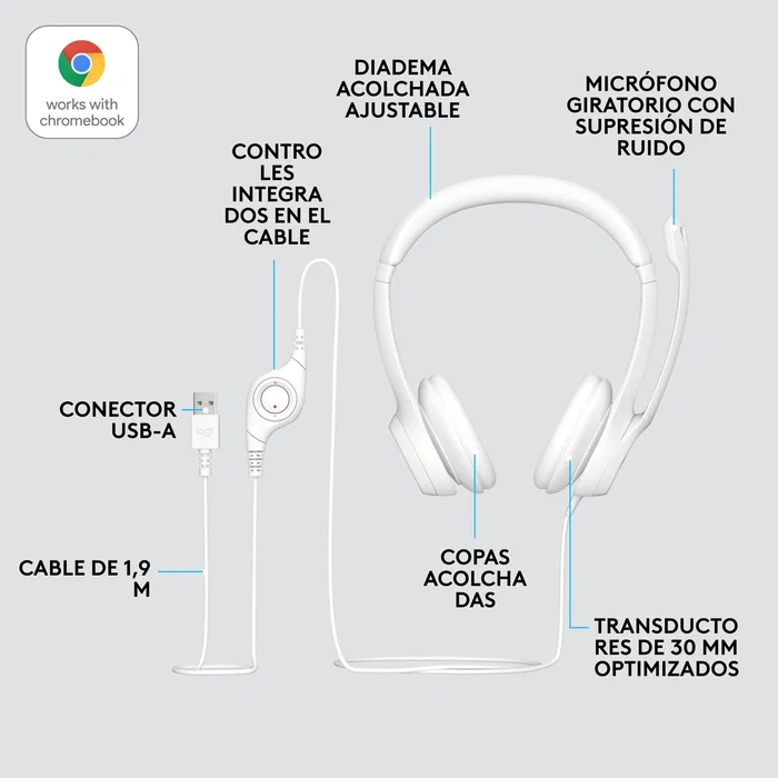 Logitech Auriculares H390 981-001286 USB con Micrófono con Cancelación de Ruido, Diadema Ajustable para Oficina, Llamadas, PC, Chromebook, Plug and Play, Cable 1.9m, Blanco