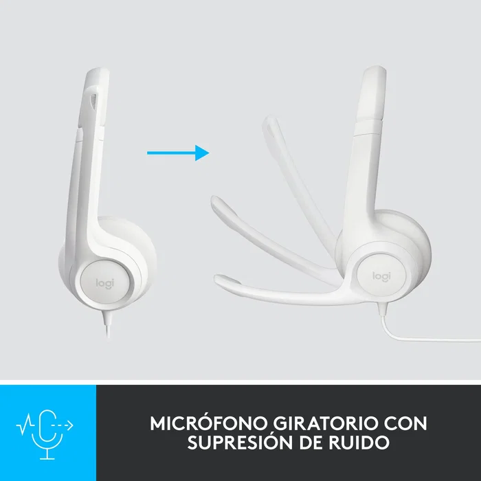 Logitech Auriculares H390 981-001286 USB con Micrófono con Cancelación de Ruido, Diadema Ajustable para Oficina, Llamadas, PC, Chromebook, Plug and Play, Cable 1.9m, Blanco