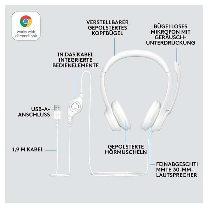 Logitech H390 Auriculares USB-A con Micrófono, Blanco