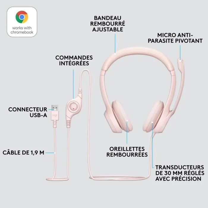 Logitech H390 Auriculares con Micrófono con Cancelación de Ruido, USB-A, Supraaurales, Diadema, Color Rosa