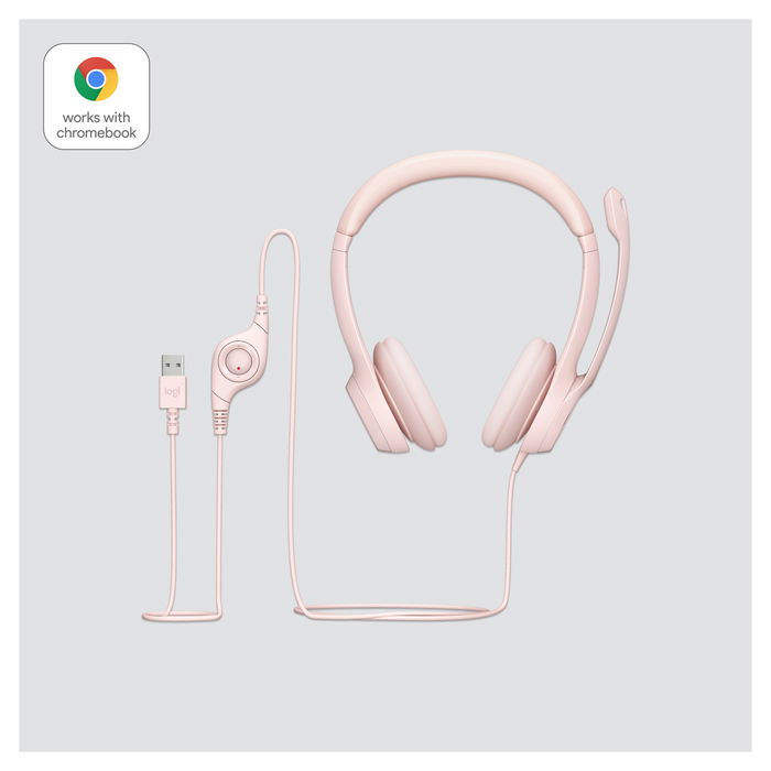 Logitech H390 Auriculares con Micrófono con Cancelación de Ruido, USB-A, Supraaurales, Diadema, Color Rosa