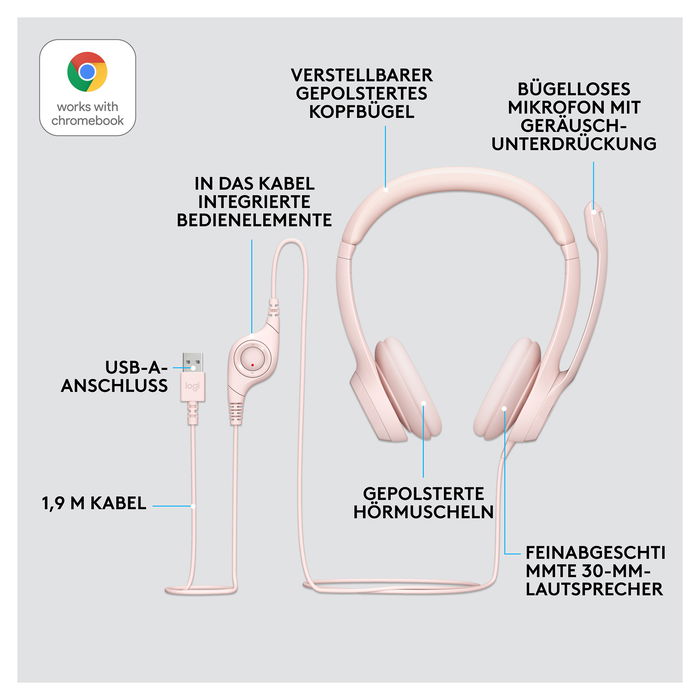 Logitech H390 Auriculares con Micrófono con Cancelación de Ruido, USB-A, Supraaurales, Diadema, Color Rosa