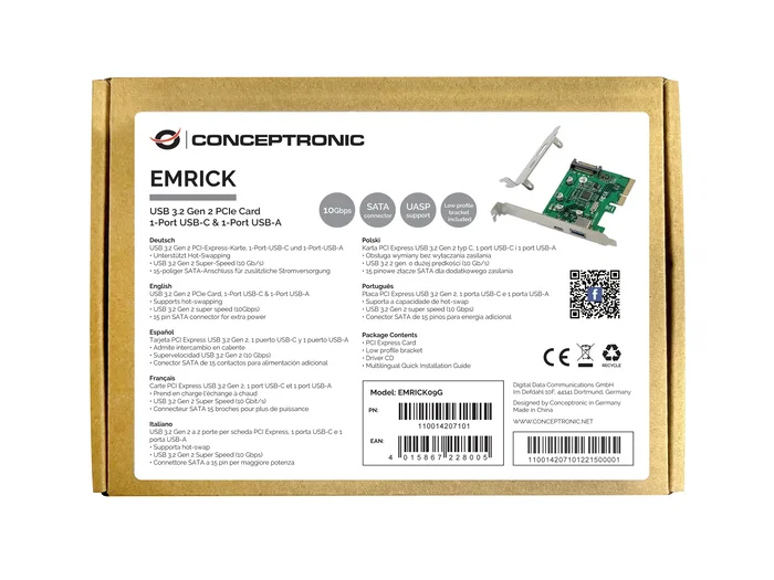 Conceptronic EMRICK09G Tarjeta PCIe Interna USB 3.2 Gen 2 (2 Puertos: 1x USB-C + 1x USB-A) con Puerto SATA Interno de 15 Pines