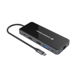 Conceptronic DONN15G Adaptador 12 en 1 USB-C a HDMI, VGA, USB-C PD, GbE y Lectores de Tarjetas