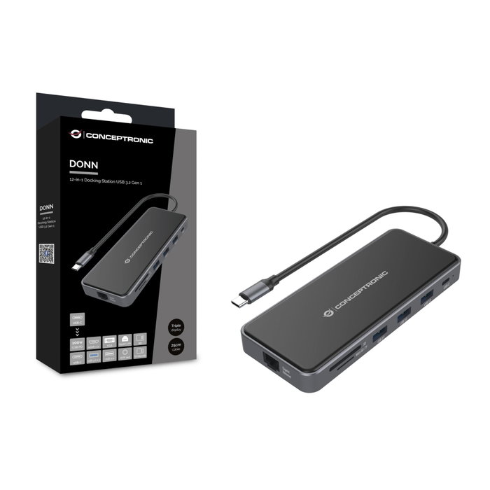 Conceptronic DONN15G Hub USB-C 12-en-1 con HDMI, VGA y Ethernet