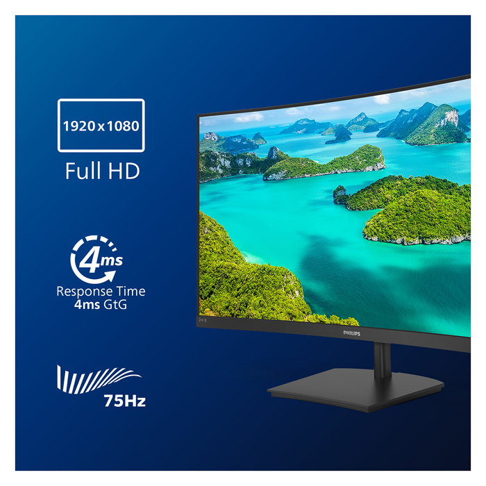Philips 241E1SCA/00 Monitor LED Curvo VA de 23.6 Pulgadas Full HD (1920x1080) 75Hz, 4ms, AMD FreeSync, Altavoces, HDMI, Antirreflectante, Sin Parpadeo, Modo Low Blue, Negro