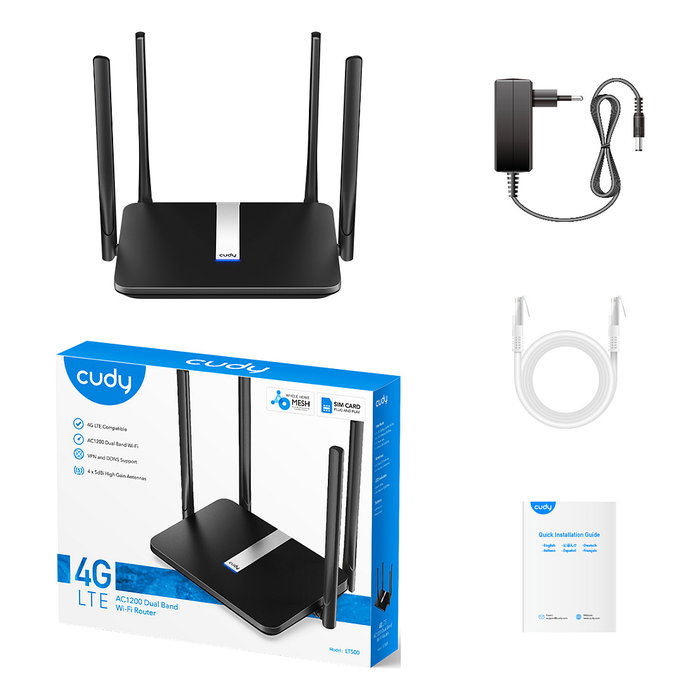 Cudy LT500 Router Wi-Fi Mesh AC1200 4G LTE Cat4, Doble Banda (2.4 GHz/5 GHz), 4 Antenas, 4 Puertos LAN, Negro
