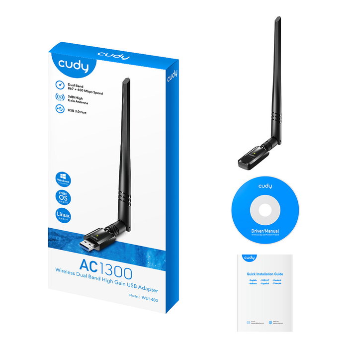 Cudy WU1400 AC1300 Wi-Fi High Gain USB 3.0 Adapter Negro