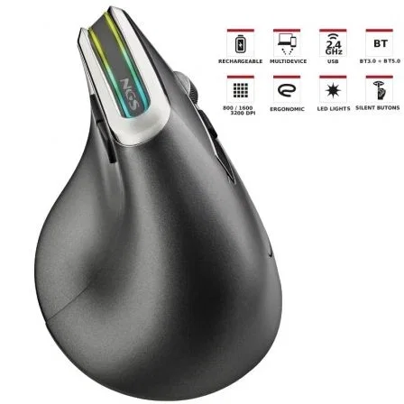 NGS Evo Karma Ratón Vertical Inalámbrico Bluetooth Recargable, Ergonómico, 3200 DPI, Multidispositivo, Luces LED, EVOKARMA