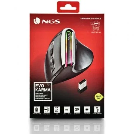 NGS Evo Karma Ratón Vertical Inalámbrico Bluetooth Recargable, Ergonómico, 3200 DPI, Multidispositivo, Luces LED, EVOKARMA