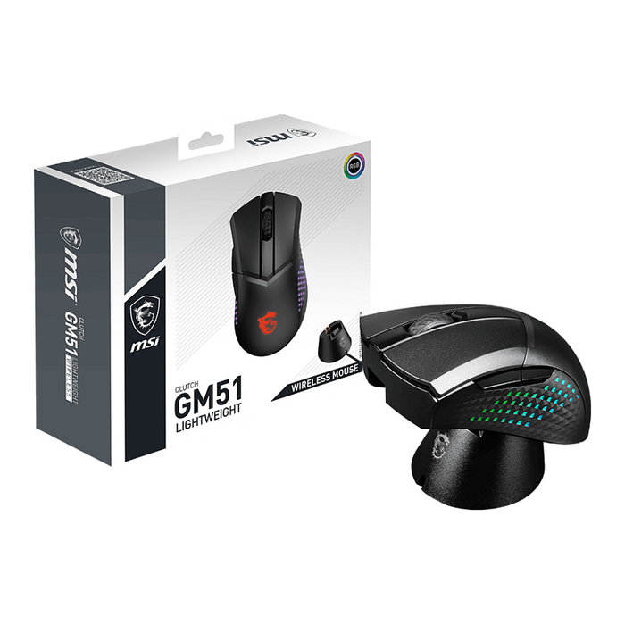 MSI Clutch GM51 Gaming Mouse Inalámbrico Liviano para Derechos, Negro, Óptico 26000 DPI, 1 ms, Bluetooth/RF/USB-C con Receptor y Base de Carga, 85 g