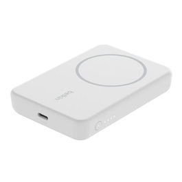 Belkin Power Bank Cargador Inalambrico 5000 mAh con USB-C, Carga 7.5W iPhone, Pie Retráctil, Blanco