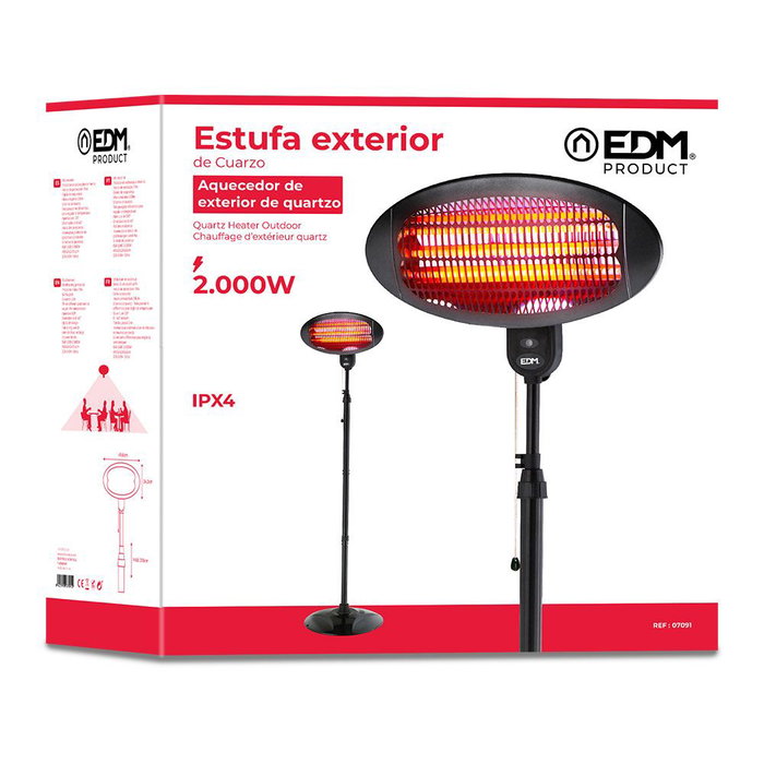 Edm Estufa de Cuarzo de Exterior 2000W con Pie y Protección IPX4, 3 Niveles de Potencia Ajustable, 210cm de Altura Máxima