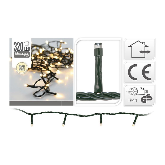 Guirnalda LED Exterior 320 Luces Blanco Cálido Fija, 24 Metros + 3m Cable, IP44, 220-240V
