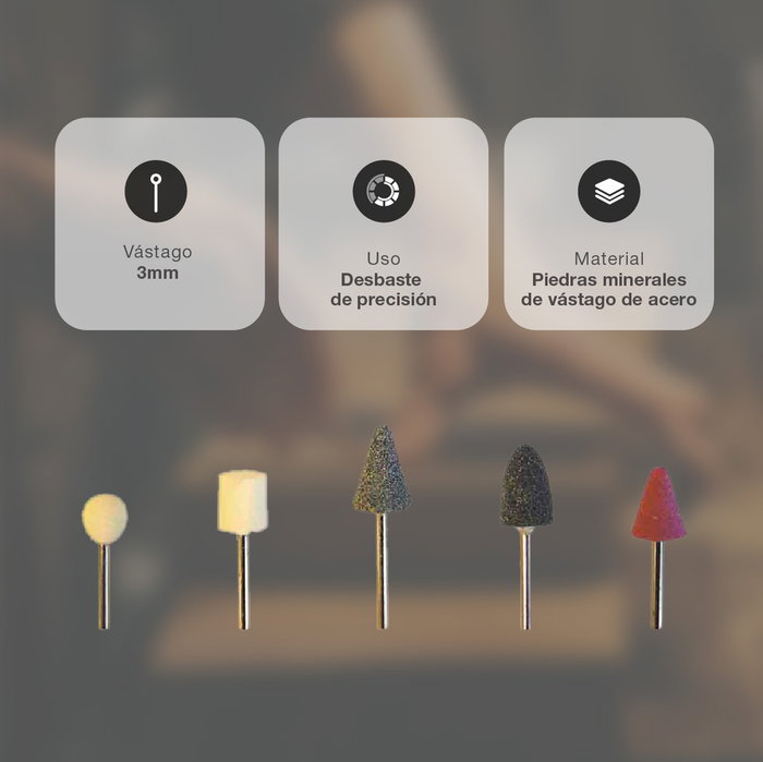 Mota Herramientas Set de 5 Piedras Montadas con Vástago de 3 mm