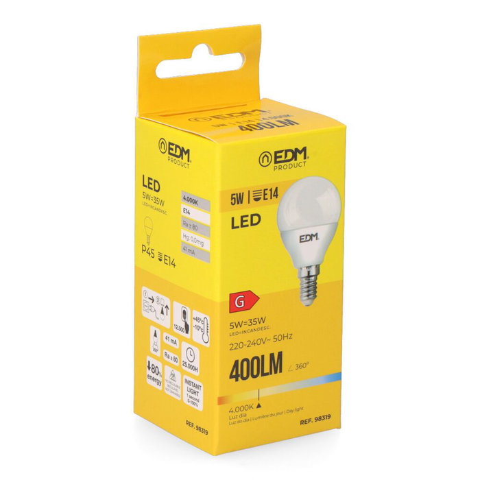 Edm Bombilla Esférica LED E14 5W 400 lm 4000K Luz Día Ø4,5x8 cm
