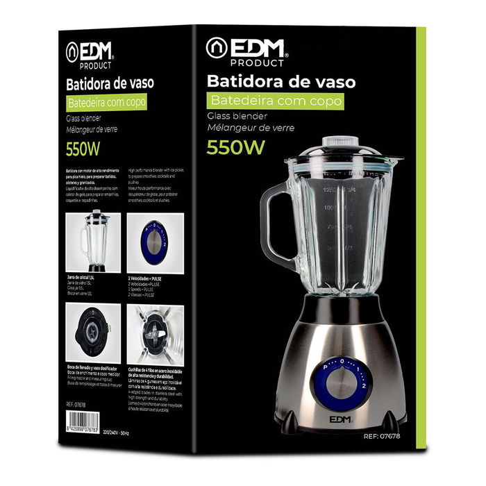 EDM Batidora de vaso mezclador de cristal 1.5 litros 550 W - vaso de cristal, cuchillas de acero inoxidable, 2 velocidades + función pulse, color negro/cromado EDM Batidora de vaso mezclador de cristal 1.5 litros 550 W - vaso de cristal, cuchillas de acero inoxidable, 2 velocidades + función pulse, color negro/cromado