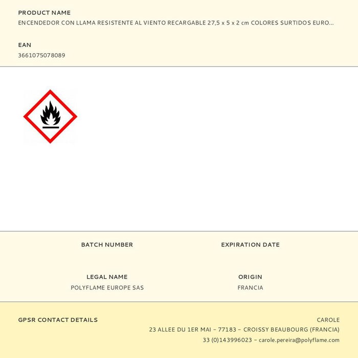 Polyflame Encendedor Recargable Llama Resistente al Viento Colores Surtidos Euro/u