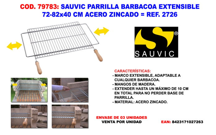 Sauvic Parrilla Extensible de Acero Zincado con Mangos de Madera Sauvic Parrilla Extensible de Acero Zincado con Mangos de Madera
