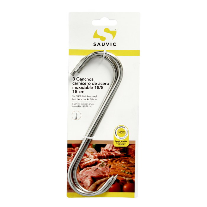 Sauvic Gancho Carnicero de Acero Inoxidable 18/8 de 18 cm, 3 unidades
