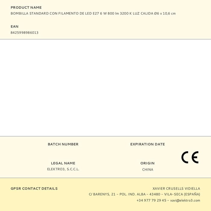 Edm Bombilla Standard Filamento Led E27 6W 800lm 3200K Luz Calida Ø6 x 10,6 cm