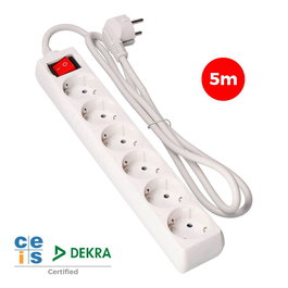 Edm Base Múltiple 6 Tomas 2p+t Con Interruptor Luminoso, Cable 5m H05vv-f 3g1,5 Mm², Blanca