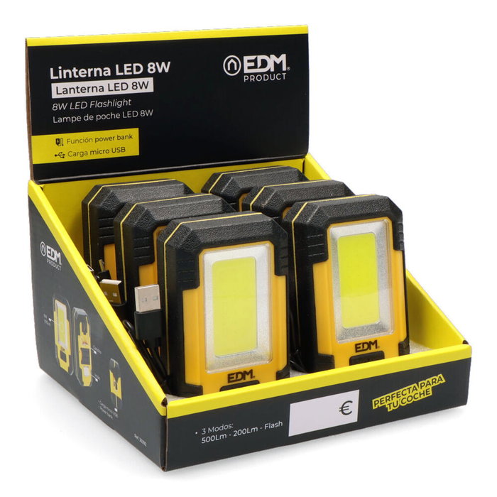 Edm Linterna LED COB 8W Recargable 450lm con Función Power Bank