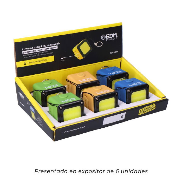 Edm Linterna Cubo LED Recargable COB 3W 300lm 1000mAh con USB + Imán, Función Power Bank, Colores Surtidos Edm Linterna Cubo LED Recargable COB 3W 300lm 1000mAh con USB + Imán, Función Power Bank, Colores Surtidos