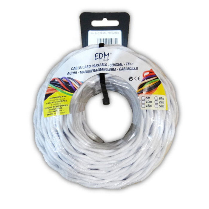 Paralelo Textil Trenzado 2x1mm Blanco - 5 Metros Paralelo Textil Trenzado 2x1mm Blanco - 5 Metros