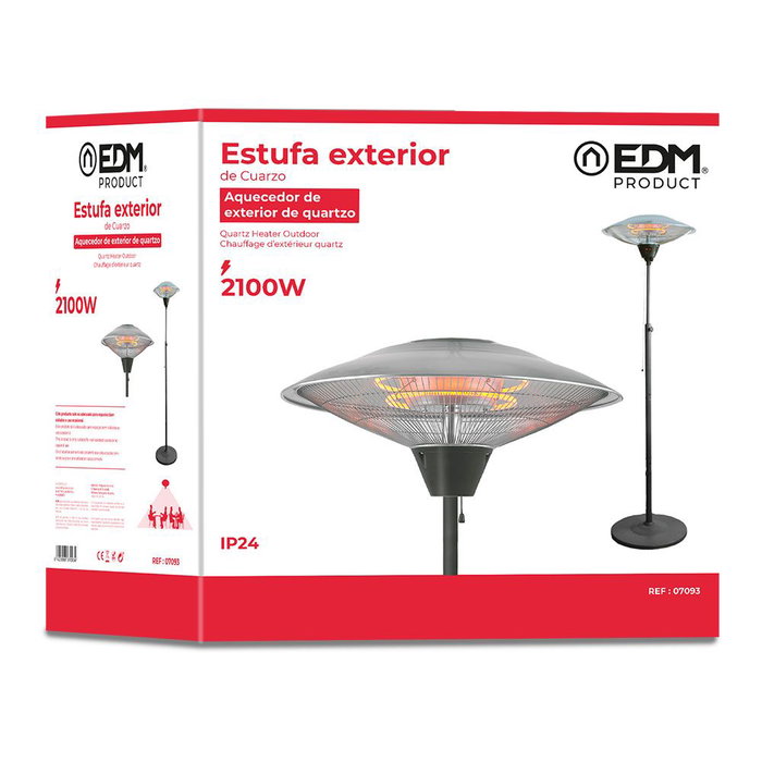 Edm Estufa de Exterior de Cuarzo 2100W con Pie, 3 Niveles de Potencia, Cromado, IP24, Ø56.5 x 190 cm