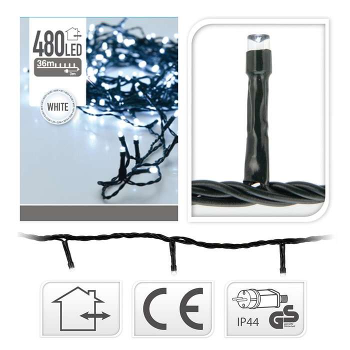 Generic Guirnalda de LEDs Exterior IP44, Fijo, Blanco Frío, 480 LEDs, 36 Metros, 220-240V, con Transformador, Cable Verde 3m