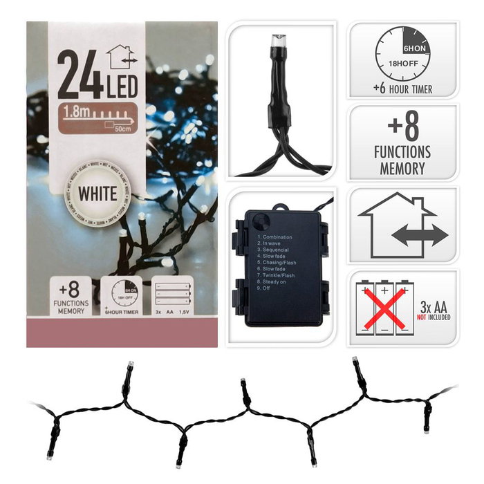Guirnalda LED a Pilas, Multifunción 8 Funciones con Memoria, IP44 Exterior, Luz Blanco Frío, 24 LEDs, Cable Negro, 2.30m