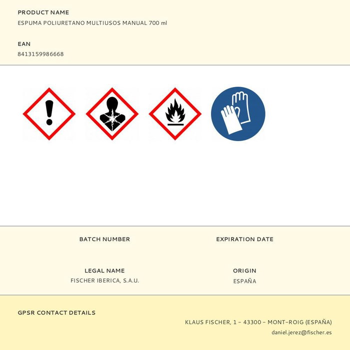 Fischer Espuma Poliuretano Multiusos Manual 700 ml para Aislamientos Térmicos y Acústicos, Pintable y Lijable