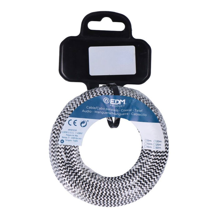 Edm H03VV-F Cable Cordón Tubular 2 x 0,75 mm² Rallado Blanco/Negro, 5 m