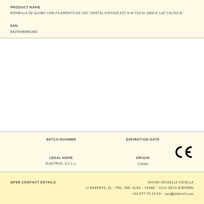 Edm Bombilla Globo Filamento LED Vintage E27 8W 720lm 2000K Luz Cálida Ø12.5 x 17 cm