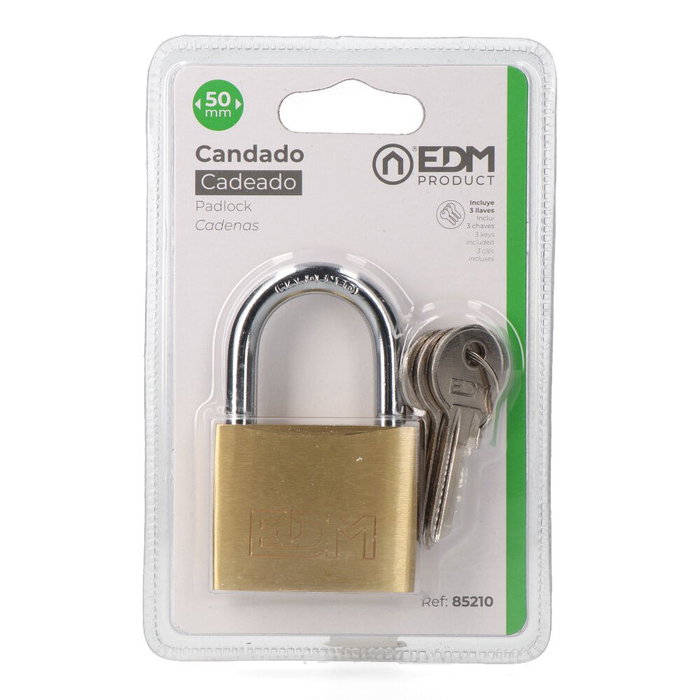 EDM Candado de Latón con Arco Normal, 50 mm, 3 Llaves Incluidas, Color Dorado/Cromado, Presentado en Blíster