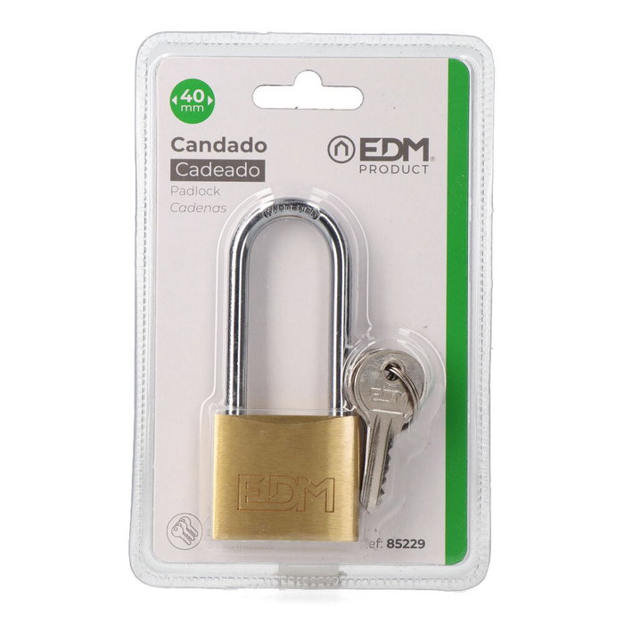 Edm Candado Latón Arco Largo 40mm Dorado/Cromado 3 Llaves Incluidas en Blíster