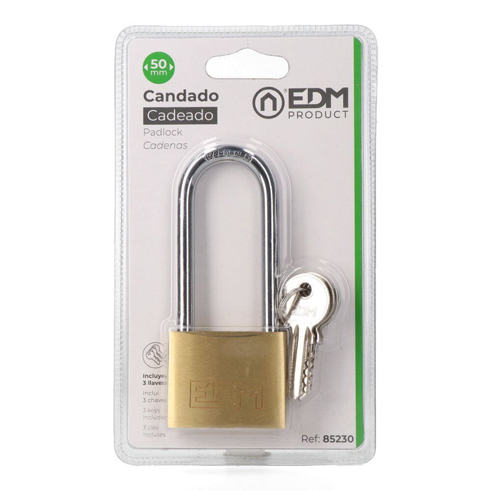 Edm Candado de Arco Largo de Latón 50 mm, 3 Llaves, Arco Ø8 mm, Presentación en Blíster Dorado/Cromado