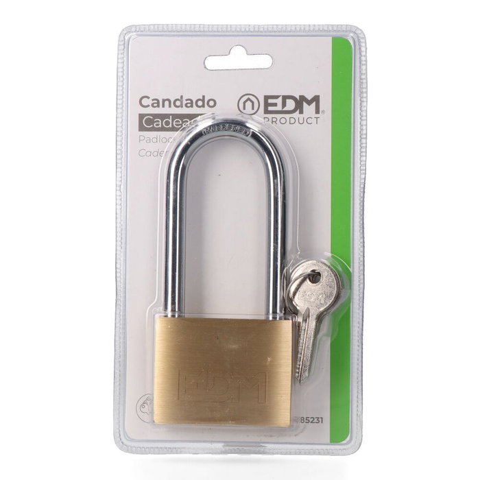 EDM Candado de Latón Dorado/Cromado, Arco Largo 60 mm, con 3 Llaves Incluidas, Presentación en Blíster