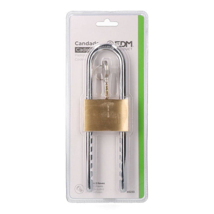 EDM Candado Latón Arco Regulable 60 mm Ø9.5 mm (67-167 mm) con 2 Llaves, Color Dorado/Cromado, Blíster