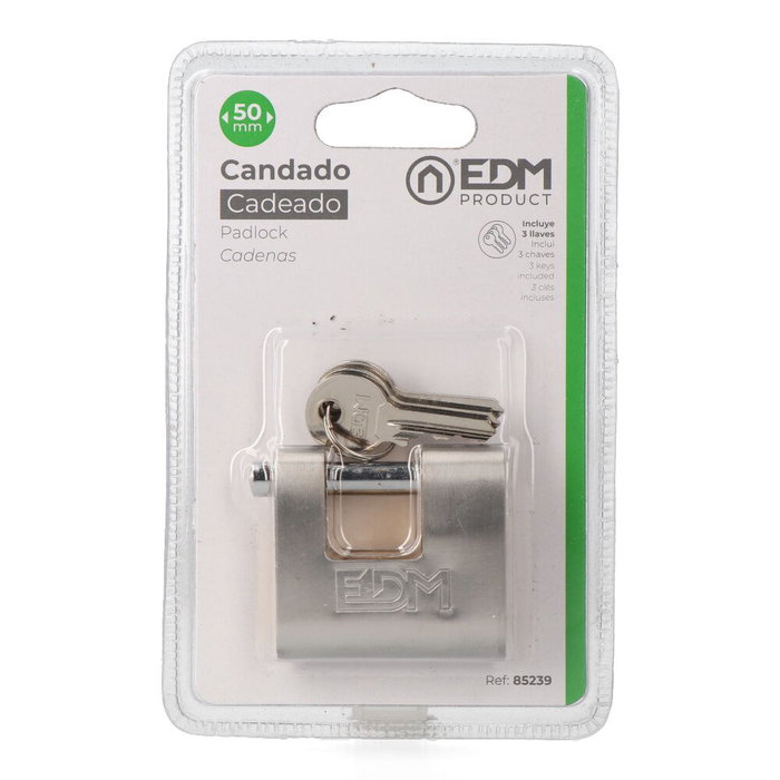 Edm Candado de Seguridad Reforzado de Latón 50 mm con 3 Llaves - Arco Ø8 mm, Color Dorado Cromado, en Blíster