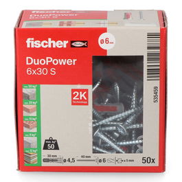 Fischer Duopower Tacos y Tornillos Ø6 x 30 mm + Ø4,5 x 40 mm Caja 50 uds Uso Exterior