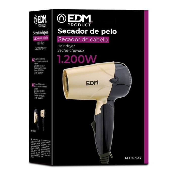 Edm Secador de Pelo de Viaje Bi-Tensión 1000-1200W, 2 Velocidades, Mango Plegable, Dorado/Negro