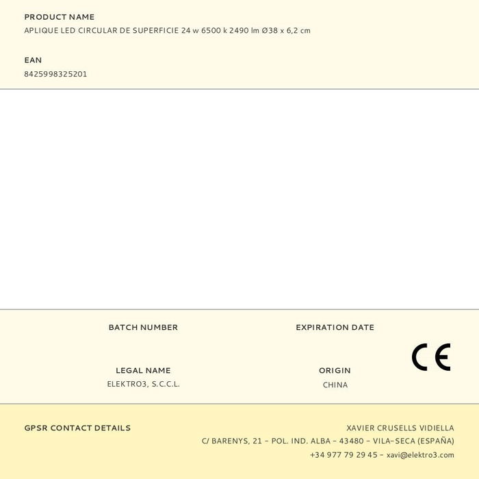 EDM - Aplique LED Circular de Superficie 24W, 6500K Luz Fría, 2490 Lúmenes, Ø38 x 6.2 cm, IP20, Clase F