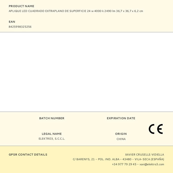 EDM Aplique LED de superficie cuadrado extraplano 24W 4000K luz día, IP20, Clase F, 36.7x36.7cm